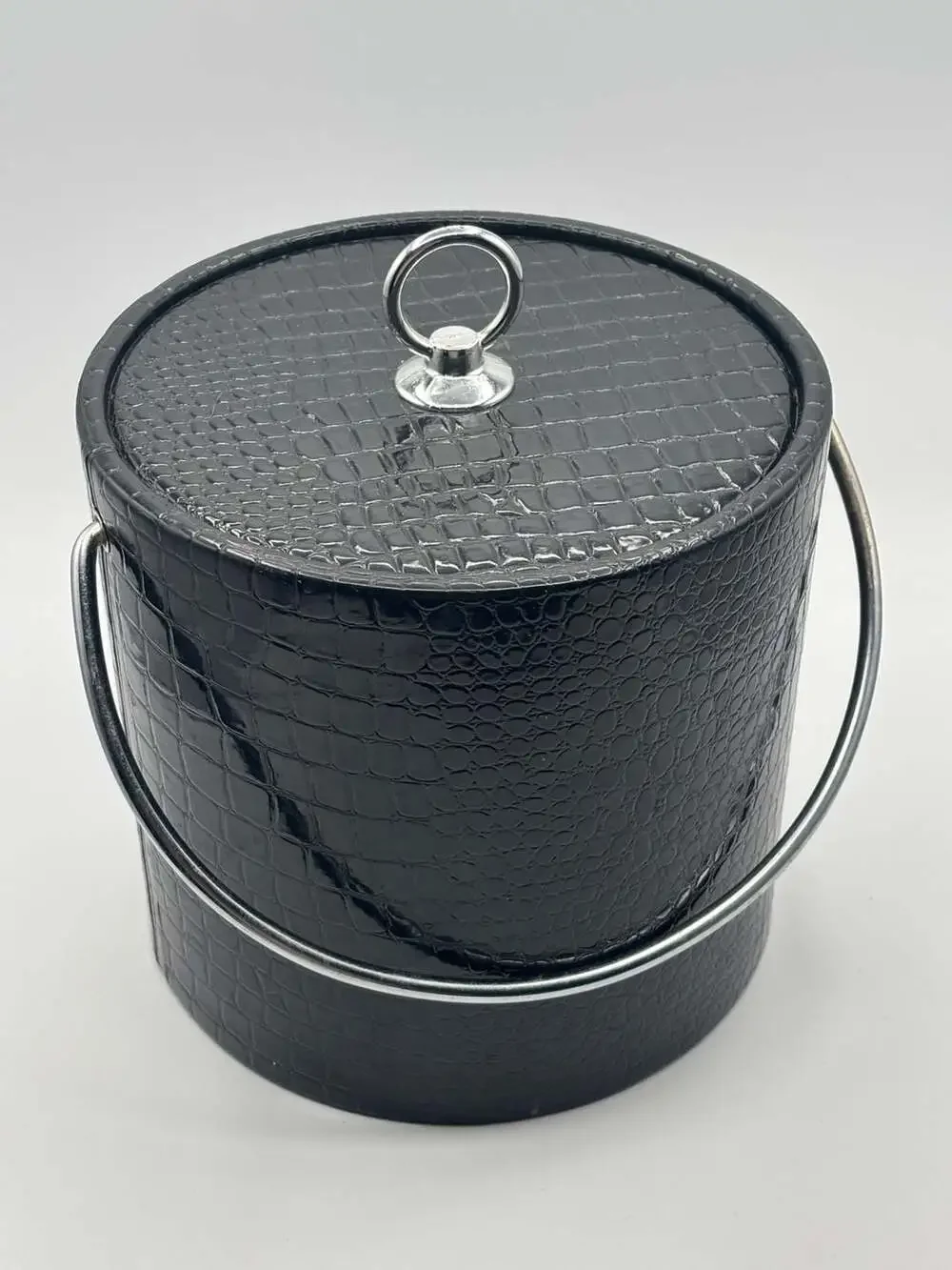 Vintage Mid-Century MCM Black Faux Alligator Ice Bucket with Chrome Handle